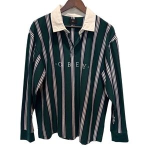 OBEY Worldwide Striped Rugby Polo Shirt‎ Long Sleeve Green Cream Men's Size L